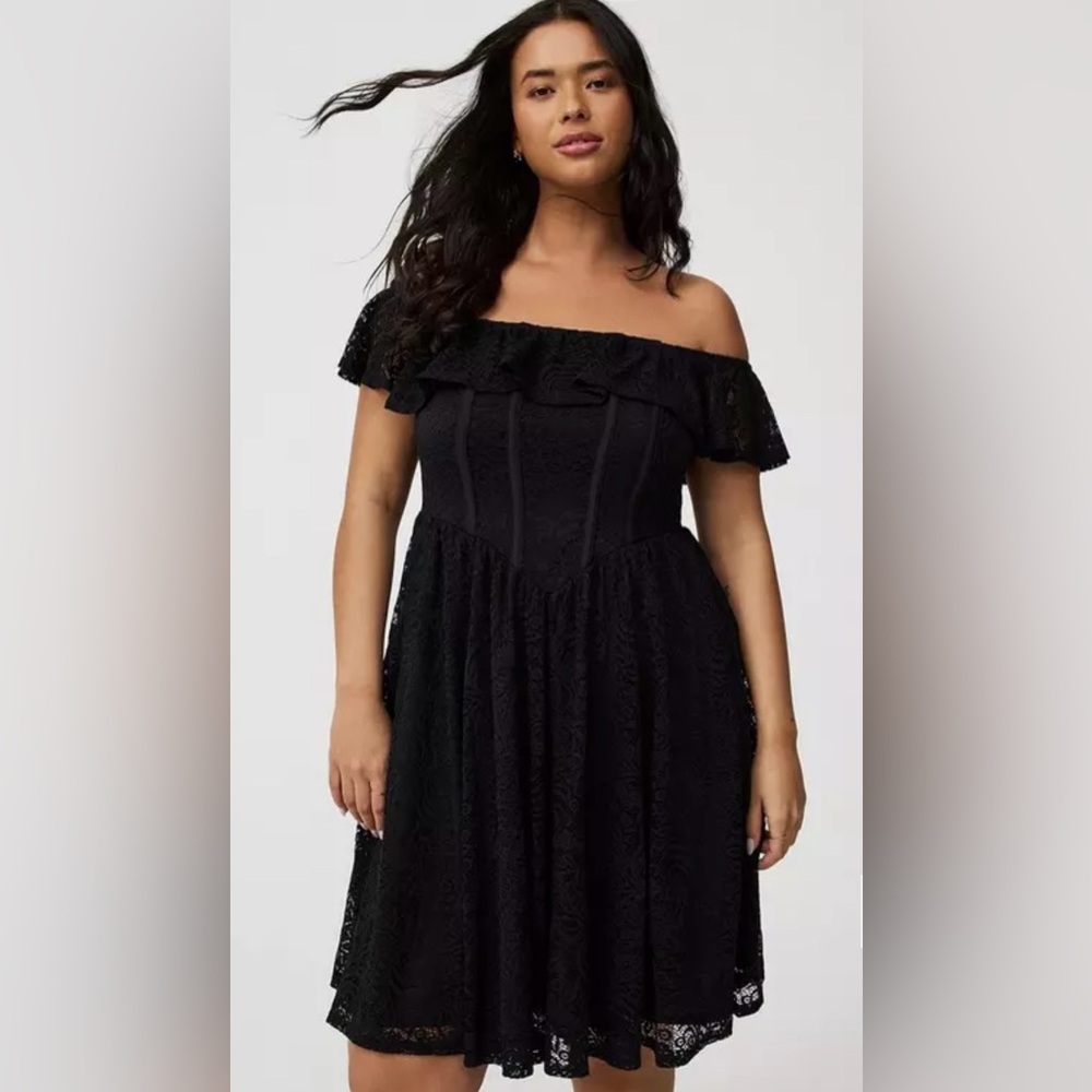 Torrid Black Off The Shoulder Mini Lace Dress